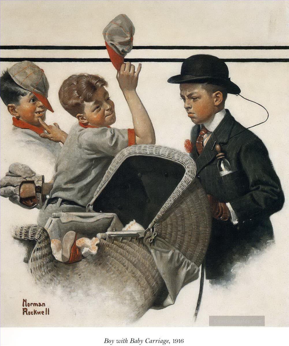 Junge mit Kinderwagen 1916 Norman Rockwell Ölgemälde